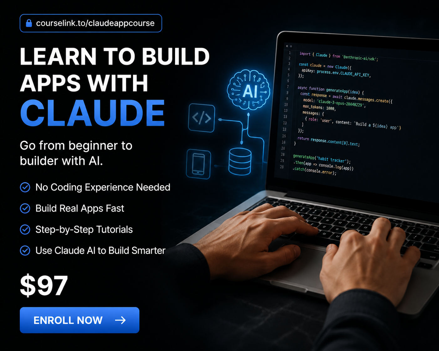 CourseLink preview for learning to build apps with Claude AI and no coding experience