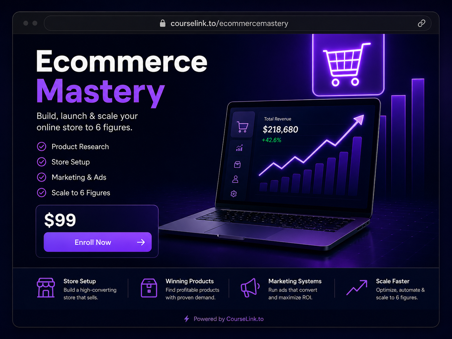 CourseLink preview for ecommerce mastery course about building and scaling an online store